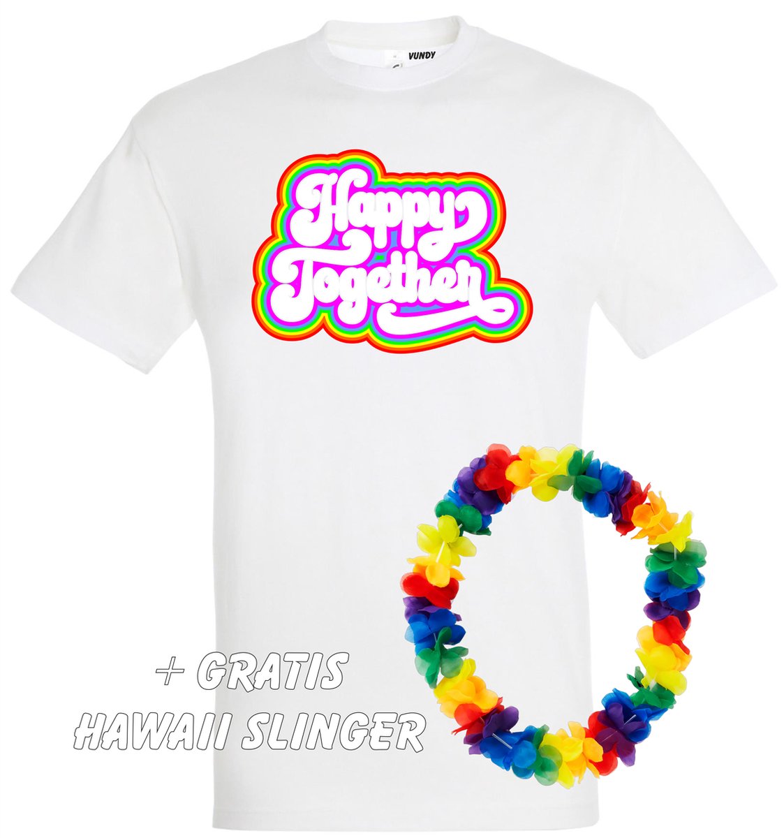 T-shirt Happy Together Regenboog | Toppers in Concert 2022 | Toppers kleding shirt | Flower Power | Hippie Jaren 60 | Wit | maat 3XL